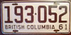 British Columbia 1961 License Plate