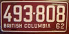 British Columbia 1962 License Plate