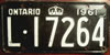 Ontario 1961 License Plate