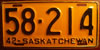 Saskatchewan 1942 License Plate