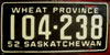 Saskatchewan 1952 License Plate