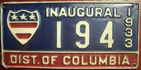 Washington D.C. 1933 Inaugural License Plate