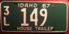 Idaho 1967 House Trailer License Plate