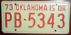 Oklahoma 1973 passenger License Plate