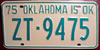 Oklahoma 1975 passenger vehicle License Plate
