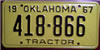 Oklahoma 1967 Tractor License Plate