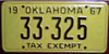 Oklahoma 1967 Tax Eempt  Vehicle License Plate