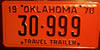 Oklahoma 1970  Travel Trailer  License Plate