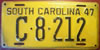 South Carolina 1947 passenger car License Plate