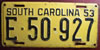 South Carolina 1953 License Plate