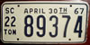 South Carolina 1967 22-Ton License Plate