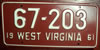 West Virginia 1961 License Plate